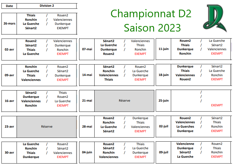 Calendrier du Championnat de France de Division 2 de Baseball - Saison 2023 Outdoor